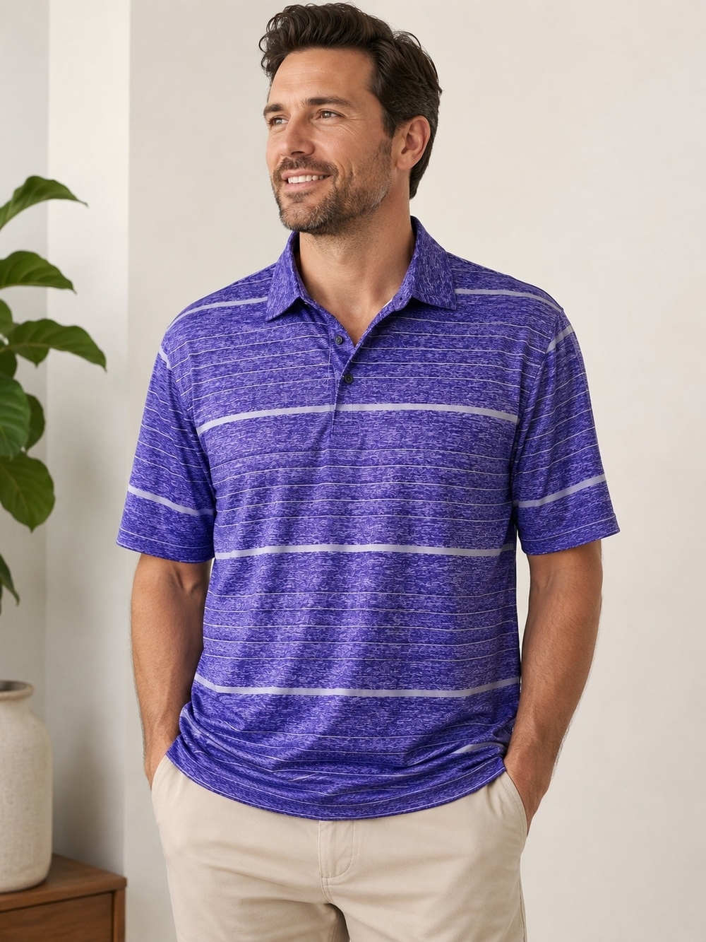 PGA Tour Men's MotionFlux Golf Polo Shirt Purple Silver Striped NWT - Size XL